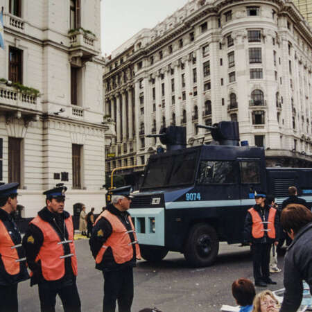 <p>Police forces watch over protests in Plaza de Mayo, with a water cannon at the ready. Demonstrators from the northern province of Corrientes had come to the centre of Argentine political power to protest corruption and deteriorating conditions. </p>