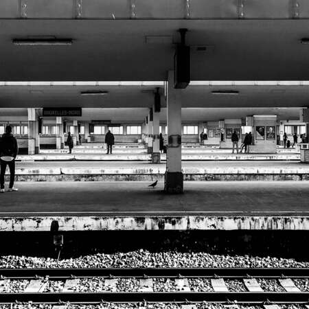 <p>Passengers wait on the perfectly parallel platforms of Bruxelles-Nord station.</p>