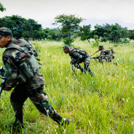 <p>Soldiers from the Colombian Army's Navos Pardo Battalion, based at Tame in the eastern Colombian state of Arauca. Tasked with securing the town and surrounding countryside against guerrilla and paramilitary presence, members of the battalion were implicated in a massacre at the indigenous reserve of Betoyes in May 2003. <br /></p>