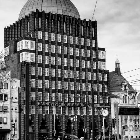 <p>Hannover's landmark Anzeiger-Hochhaus is one of Germany's first high-rise buildings. Clad in brick over an underlying steel frame, it dates from 1927 and was designed by Fritz Höger. It has long housed the editorial offices of local media outlets, and survived the aerial bombardment that leveled much of the city centre during the Second World War. </p>
