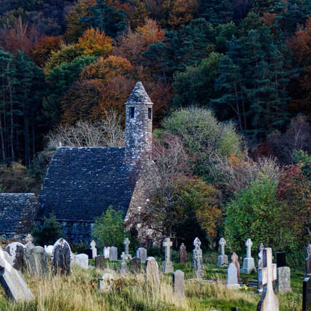 <p>A view of St. Kevin's Church at the monastic centre of Glendalough. The church dates from the 12th Century.</p>