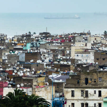 <p>A view out to sea over the rooftops of Casablanca. The preponderance of satellite dishes is striking.<br /></p>