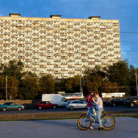 <p>Designed by Viktor Andreyev (who also did the Hotel Cosmos just down the road), this 25-storey tower block dates from 1968 and is something of a Moscow landmark. The trees block the stilts that give it its unusual name, the House on Chicken Legs (Дом на ножках in Russian). </p>