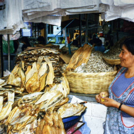 <p>A woman selling dried fish in San Salvador's central market.</p>