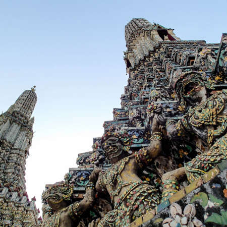 <p>A detail of figures at the Temple of the Dawn, or Wat Arun Ratchawararam Ratchaworawihan, in Bangkok.</p>